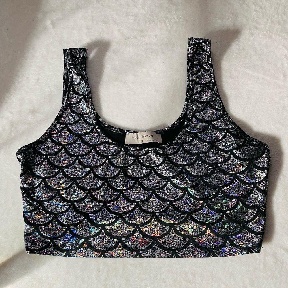 Bear Dance Rave Fish Print Rainbow Sparkle Top S:S